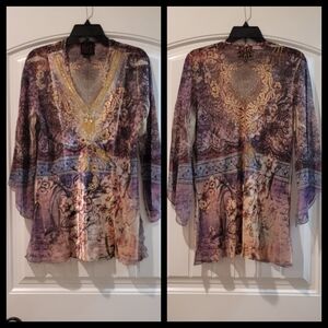 Embellished Floral Sheer V-Neck Tunic - Purple Multi